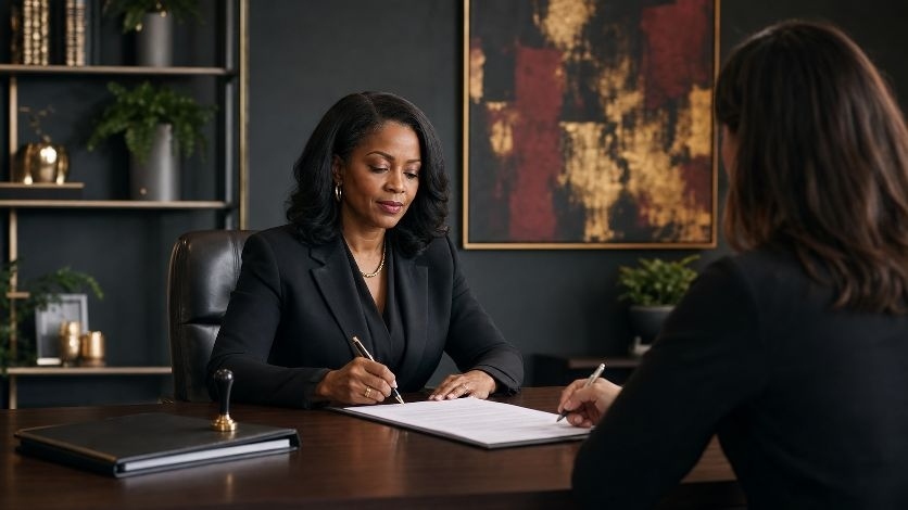 Notary reviewing a legal document with a client at a desk