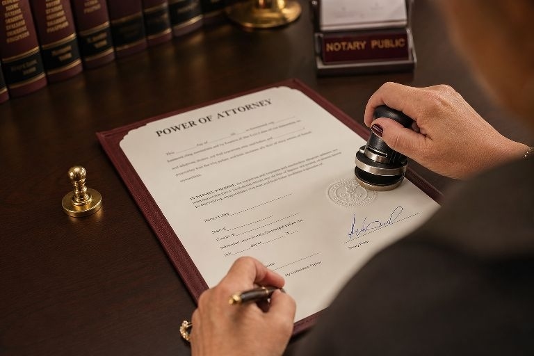 Notary stamping a power of attorney document with a gold embossing seal