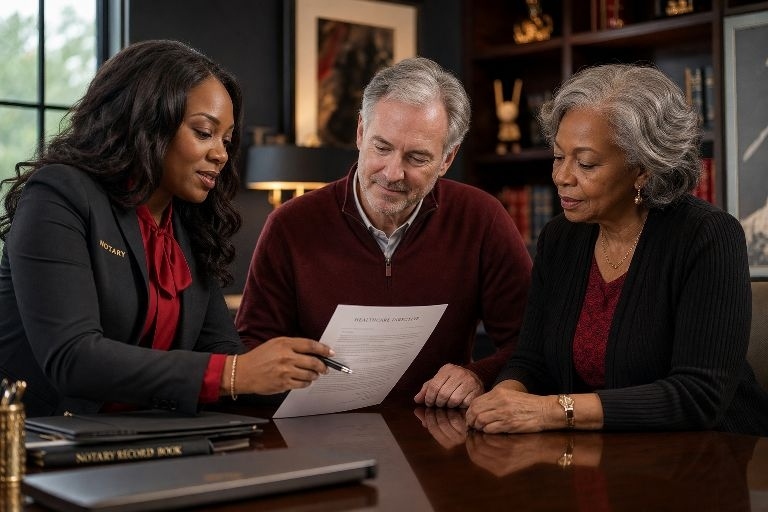 Notary reviewing a healthcare directive with two clients at a table