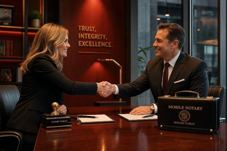 Two professionals shaking hands after a mobile notary appointment